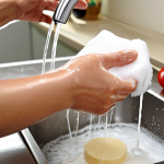 **

"Hands washing thoroughly with soap and water before preparing food. Clean kitchen environment, focus on hygiene practices for safe food handling."

**