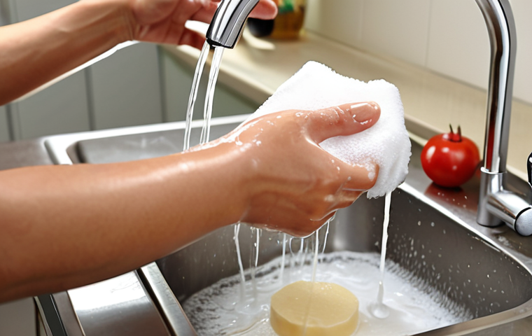 **
"Hands washing thoroughly with soap and water before preparing food. Clean kitchen environment, focus on hygiene practices for safe food handling."
**