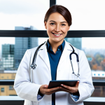 **

A professional female doctor in a clean, modern hospital office, fully clothed in a white coat and modest medical attire. She is smiling warmly and holding a tablet, displaying medical information. The background features medical equipment and a blurred cityscape through a window.  Perfect anatomy, correct proportions, natural pose, well-formed hands, proper finger count, natural body proportions, safe for work, appropriate content, fully clothed, professional.

**