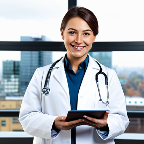 **

A professional female doctor in a clean, modern hospital office, fully clothed in a white coat and modest medical attire. She is smiling warmly and holding a tablet, displaying medical information. The background features medical equipment and a blurred cityscape through a window.  Perfect anatomy, correct proportions, natural pose, well-formed hands, proper finger count, natural body proportions, safe for work, appropriate content, fully clothed, professional.

**