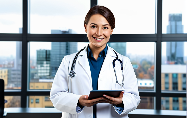 **

A professional female doctor in a clean, modern hospital office, fully clothed in a white coat and modest medical attire. She is smiling warmly and holding a tablet, displaying medical information. The background features medical equipment and a blurred cityscape through a window.  Perfect anatomy, correct proportions, natural pose, well-formed hands, proper finger count, natural body proportions, safe for work, appropriate content, fully clothed, professional.

**
