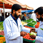 **

"A food safety officer, fully clothed in a professional lab coat and modest attire, inspecting fresh produce at a bustling farmer's market in Punjab, Pakistan. Focus on quality control and hygiene. Safe for work, appropriate content, professional, perfect anatomy, natural pose, high quality, well-formed hands, proper finger count, family-friendly."

**