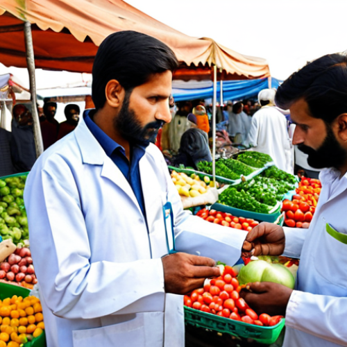 **

"A food safety officer, fully clothed in a professional lab coat and modest attire, inspecting fresh produce at a bustling farmer's market in Punjab, Pakistan. Focus on quality control and hygiene. Safe for work, appropriate content, professional, perfect anatomy, natural pose, high quality, well-formed hands, proper finger count, family-friendly."

**