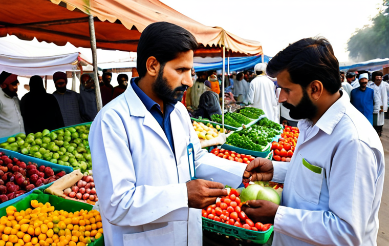 **

"A food safety officer, fully clothed in a professional lab coat and modest attire, inspecting fresh produce at a bustling farmer's market in Punjab, Pakistan. Focus on quality control and hygiene. Safe for work, appropriate content, professional, perfect anatomy, natural pose, high quality, well-formed hands, proper finger count, family-friendly."

**