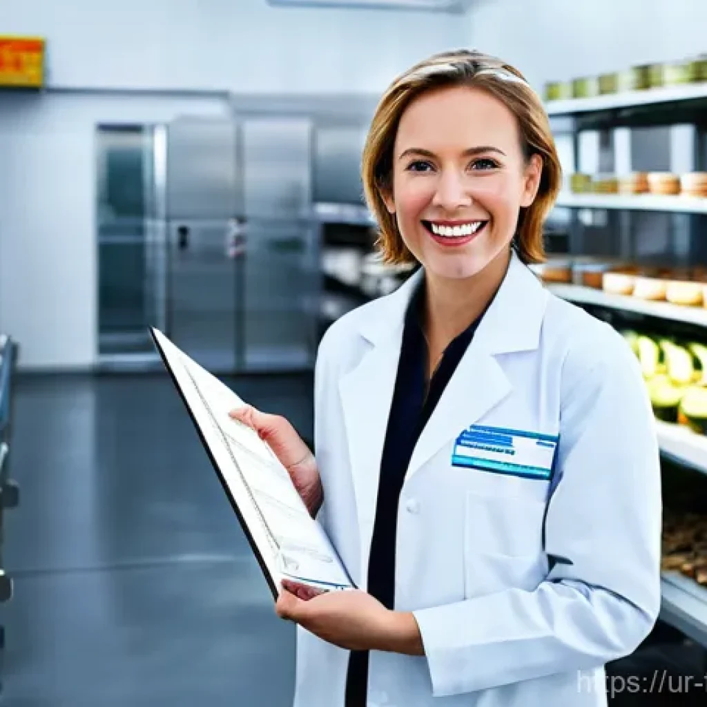 식품위생사 자격증 취득 후 추가 교육 - **Prompt:** A diverse group of food safety professionals, including a confident female lead in a cri...