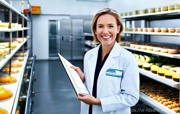 식품위생사 자격증 취득 후 추가 교육 - **Prompt:** A diverse group of food safety professionals, including a confident female lead in a cri...