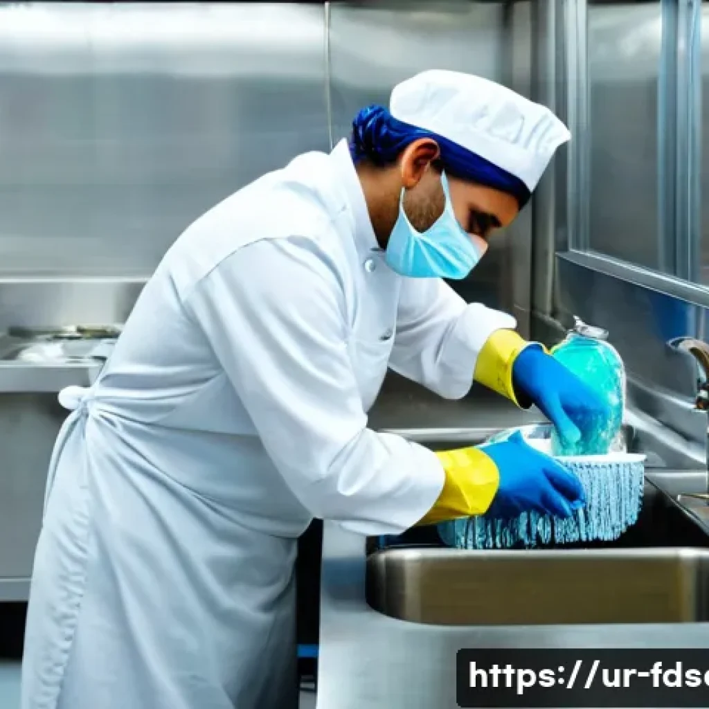 식품위생사 시험 필수 암기 내용 - A detailed scene inside a professional kitchen in Pakistan, showing a food handler wearing a clean w...