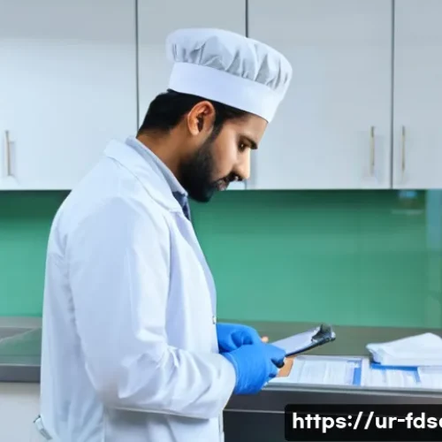 Home 31 식품위생사 경력기술서 작성법 - A professional South Asian food safety inspector in a clean, modern kitchen environment, wearing a w...