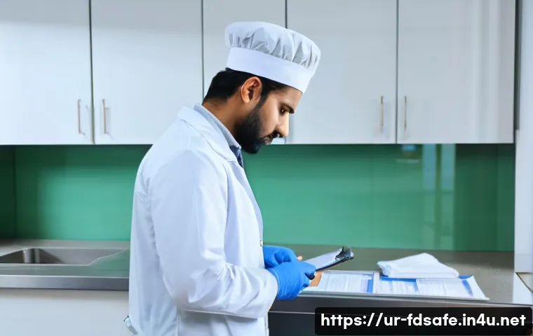 식품위생사 경력기술서 작성법 - A professional South Asian food safety inspector in a clean, modern kitchen environment, wearing a w...