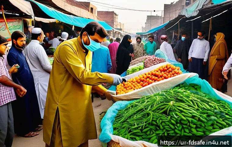 식품위생사 업무 환경과 전망 - A detailed scene of a food health inspector in traditional Pakistani attire, carefully examining fre...