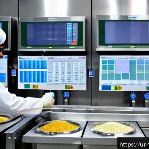 Home 17 식품위생사 전문성과 연봉 상관관계 - A modern food processing plant interior featuring advanced digital monitoring systems: sleek control...