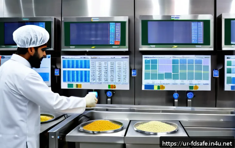 식품위생사 전문성과 연봉 상관관계 - A modern food processing plant interior featuring advanced digital monitoring systems: sleek control...